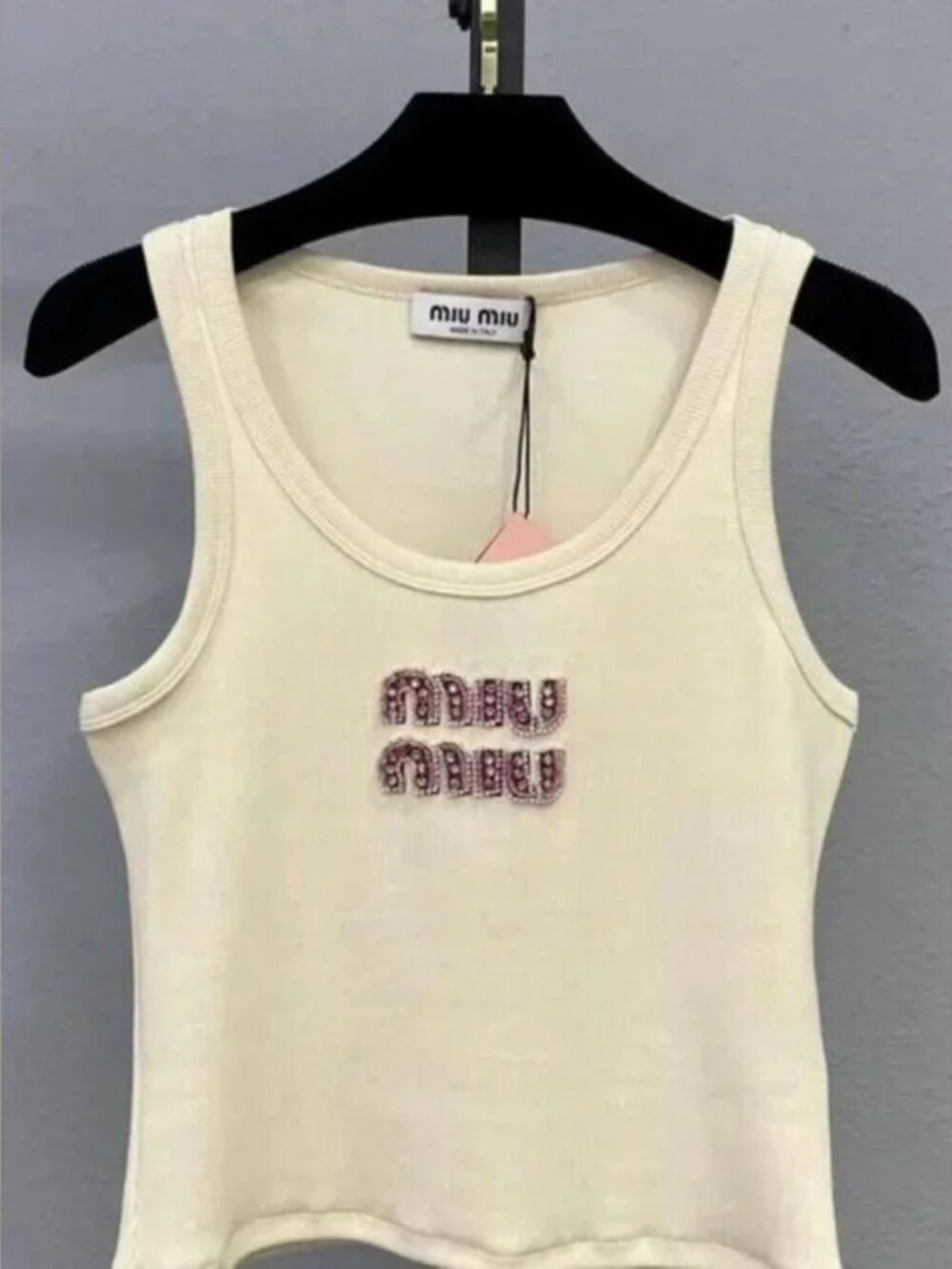 MIU MIU Cream Beaded Rhinestone Logo Crop Tank Top